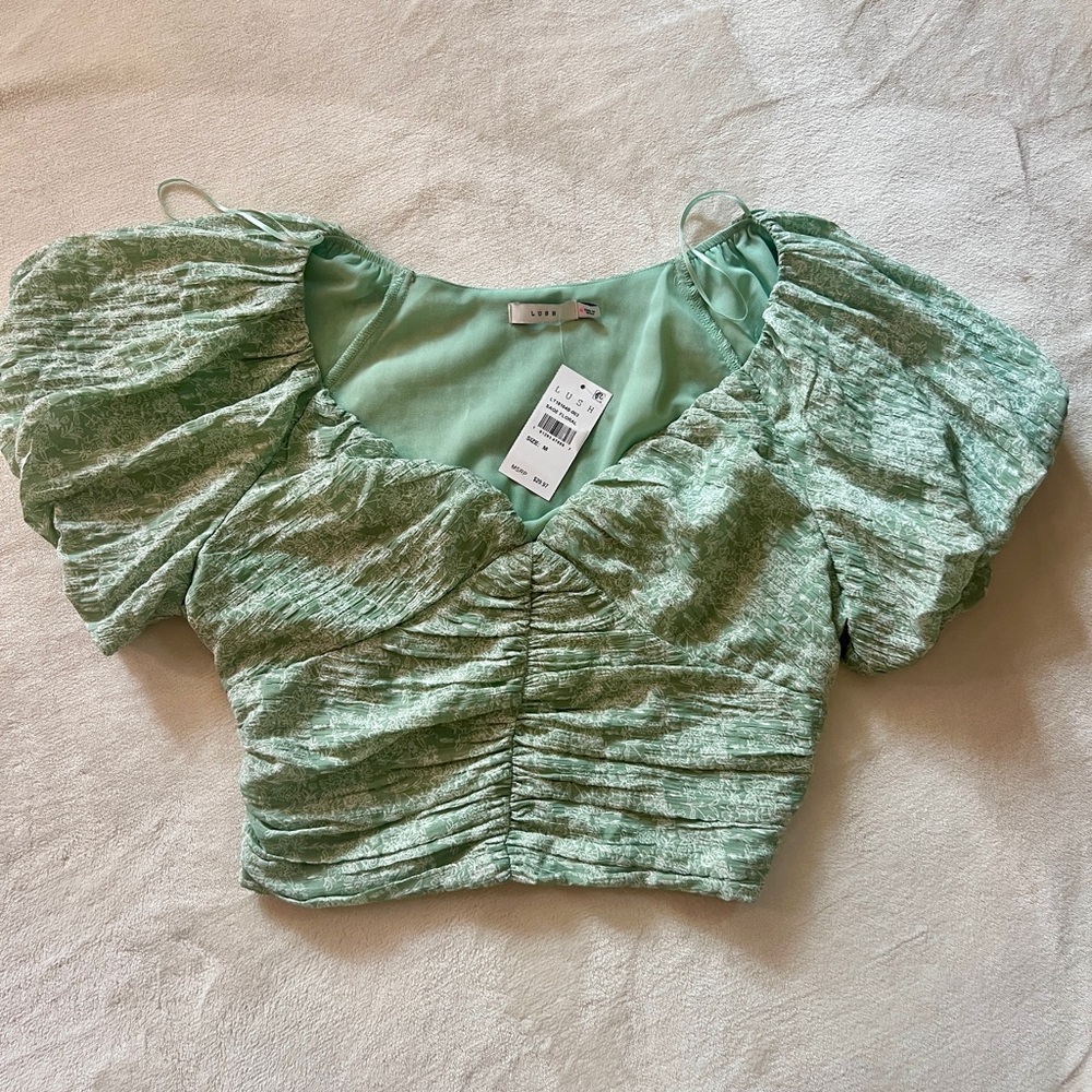 Lush Light Green Textured Puff Sleeve Blouse